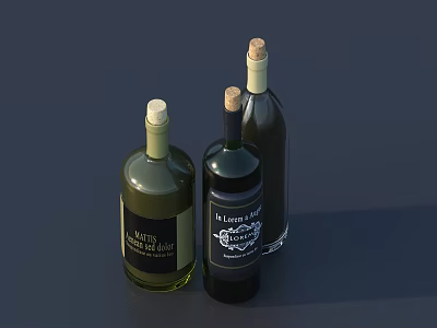 Three Wine Bottles With Text Labels Standing Against Dark Background 3d model