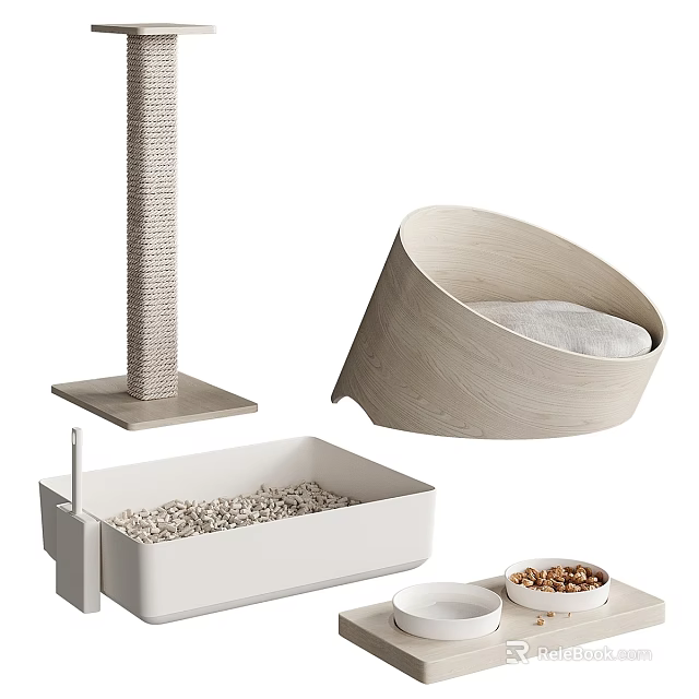 Pet Supplies Featuring Cat Scratching Post Bed Litter Box And Bowls 3d model