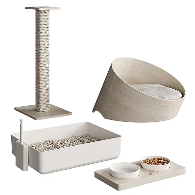 Pet Supplies Featuring Cat Scratching Post Bed Litter Box And Bowls 3d model