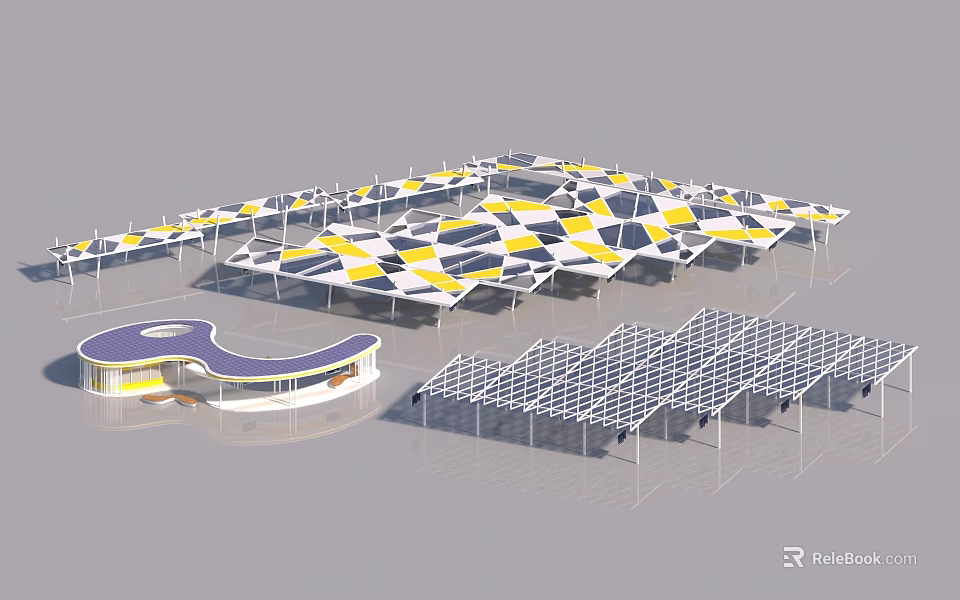 Modern Building Structure With Geometric Roof Patterns And Solar Panels 3d model