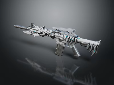Futuristic Silver Metallic Rifle Weapon With Sharp Edge Design And Blue Accents 3d model