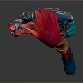 Stylish Outfit With Striped Sweater Orange Pants Red Headscarf Red Shoe On Gray Background