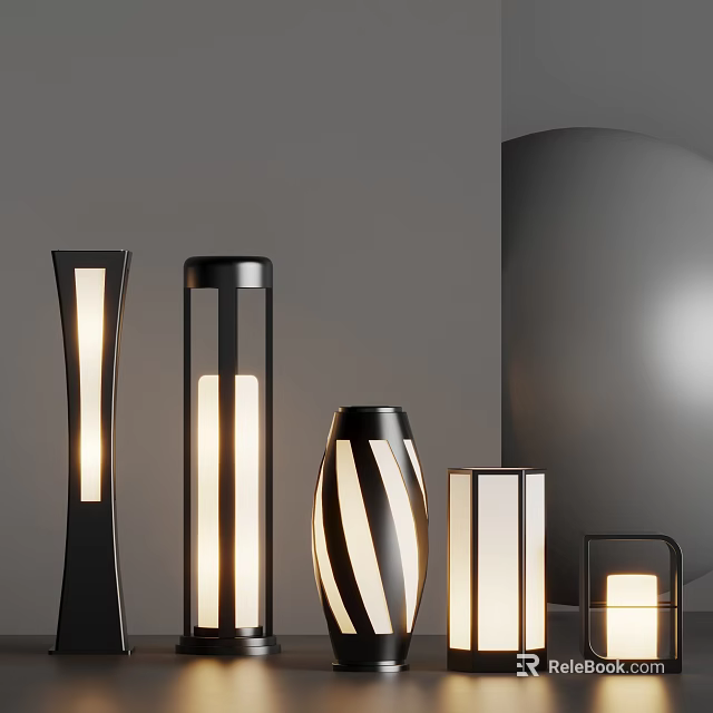 Modern Outdoor Lights With Various Shapes Black White Striped Design Illuminated 3d model 