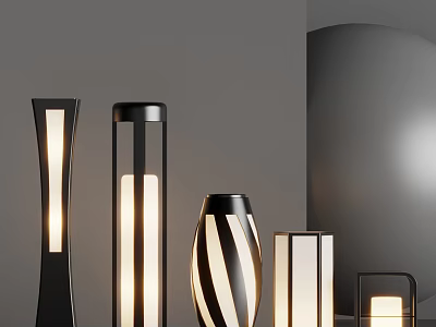 Modern Outdoor Lights With Various Shapes Black White Striped Design Illuminated 3d model