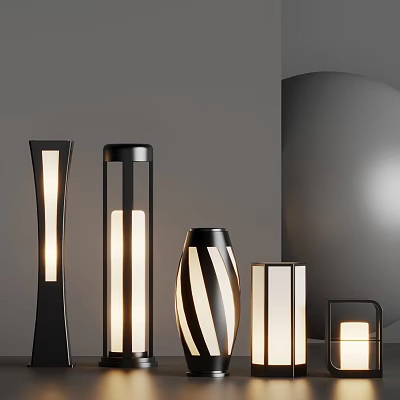 Modern Outdoor Lights With Various Shapes Black White Striped Design Illuminated 3d model