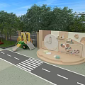 Colorful School Outdoor Playground With Slide Soccer Goal Lawn And Trees