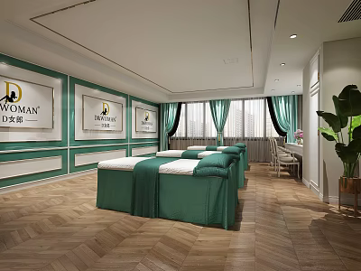 Elegant beauty salon interior with green beds wooden flooring and large windows 3d model