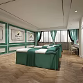 Elegant beauty salon interior with green beds wooden flooring and large windows