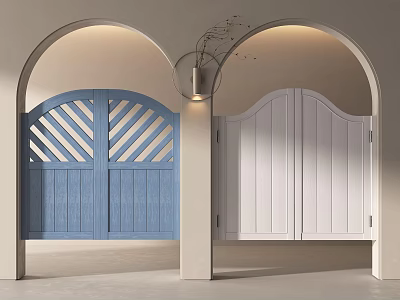 Blue And White Double Doors With Diagonal Stripes Arched Frames Simple Background And Soft Lighting 3d model