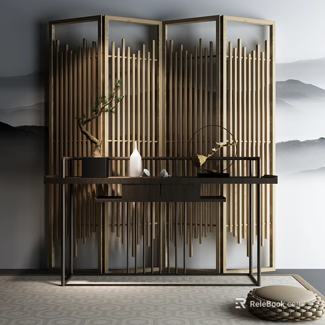 Chinese Style Decorative Console Table With Vertical Wooden Slats And Ornamental Plant Vase 3d model 