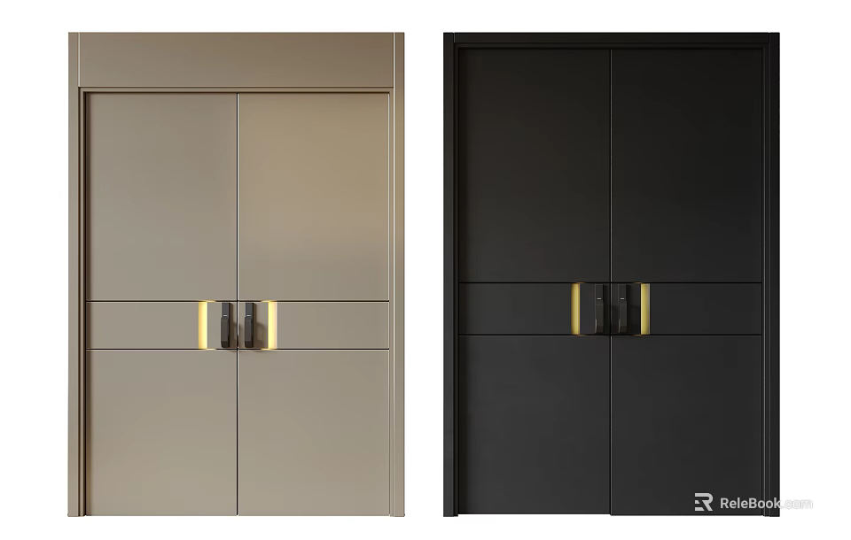 Modern Double Doors in Light Brown and Black with Golden Handles Stylish Design 3d model 