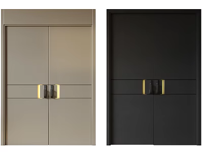 Modern Double Doors in Light Brown and Black with Golden Handles Stylish Design 3d model
