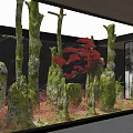 Natural Garden Landscape With Moss Covered Stone Pillars And Red Maple Tree