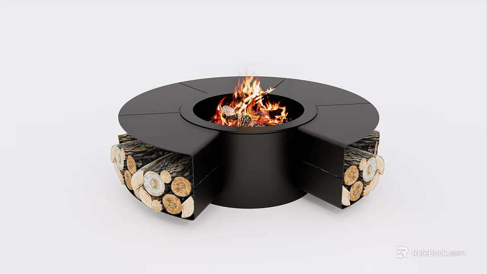 Circular Black Fireplace Design With Burning Flames And Side Wood Storage 3d model 