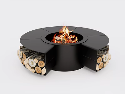 Circular Black Fireplace Design With Burning Flames And Side Wood Storage 3d model