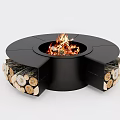 Circular Black Fireplace Design With Burning Flames And Side Wood Storage
