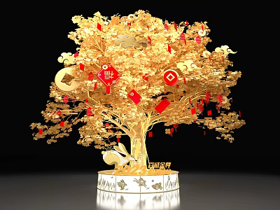 Golden Fortune Tree Photo Spot With Red Lanterns Rabbit And Zodiac Decorations 3d model