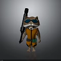 Cartoon Raccoon Character with Blue Sunglasses in Orange Outfit and Green Pouch Holding Black Gun