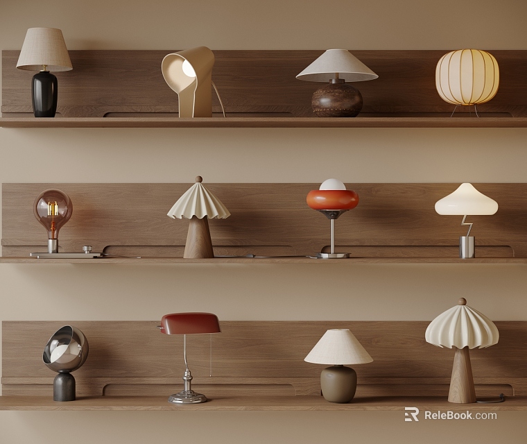 Stylish Table Lamps Arranged on Wooden Shelves with Various Modern Designs 3d model 