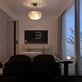 Modern Double Bed with White Pillows and Gray Blanket in Bedroom with City View Window and Round Decor Lamp