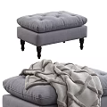 Modern Gray Padded Tufted Ottoman With Wooden Legs And Cozy Blanket