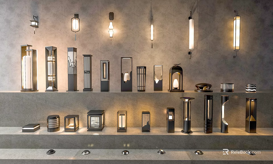 Garden Landscape Outdoor Lighting Design With Various Stylish Lamps And Decorative Fixtures 3d model 