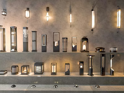 Garden Landscape Outdoor Lighting Design With Various Stylish Lamps And Decorative Fixtures 3d model