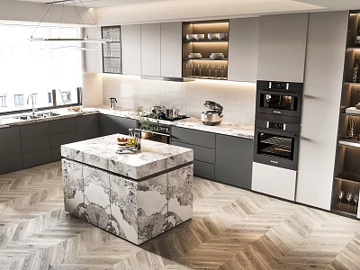 Modern Kitchen Interior Open Design With Marble Island Grey Cabinets And Herringbone Flooring 3d model