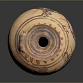Ancient Painted Pottery Jar Sculpture with Circular Decorative Patterns and Handle Design