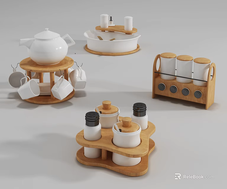 White Ceramic Kitchenware With Wooden Holders Spice Jars Teapot And Cups 3d model