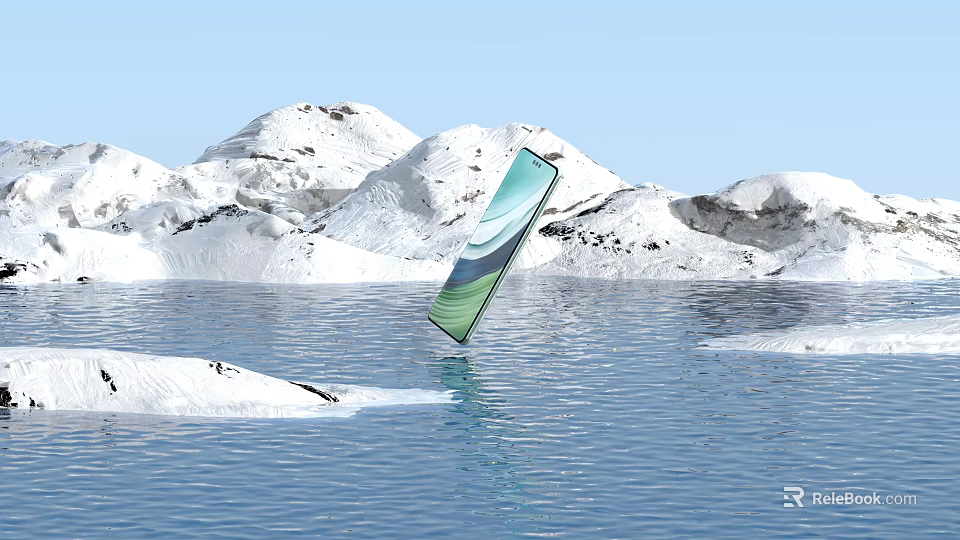 Green Blue Gradient Smartphone Floating In Icy Waters With Snowy Mountains Background 3d model 