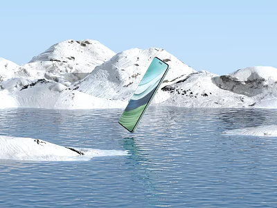 Green Blue Gradient Smartphone Floating In Icy Waters With Snowy Mountains Background 3d model