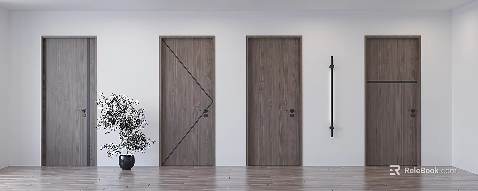 Modern Wooden Swing Doors With Geometric Lines And Minimalist Design In Bright Space 3d model 
