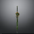Green And Golden Decorated Sword With Emerald Gemstone On Hilt And Ornate Blade Design