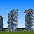 Modern High Rise Buildings Architectural Design With Glass Facade And Green Area