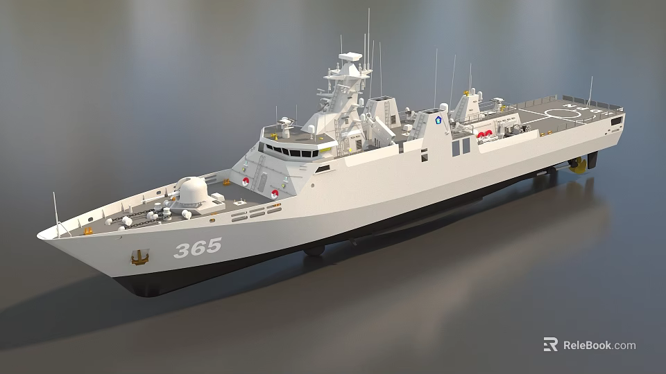 White Military Warship With Number 365 Superstructure Radar Antennas And Deck 3d model 