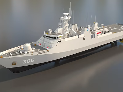 White Military Warship With Number 365 Superstructure Radar Antennas And Deck 3d model