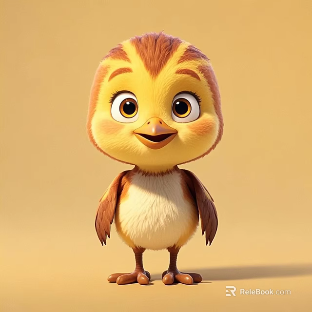 Cute Yellow Brown Cartoon Chick With Big Eyes Smiling On Light Background 3d model 