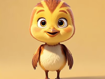 Cute Yellow Brown Cartoon Chick With Big Eyes Smiling On Light Background 3d model
