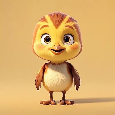 Cute Yellow Brown Cartoon Chick With Big Eyes Smiling On Light Background 3d model