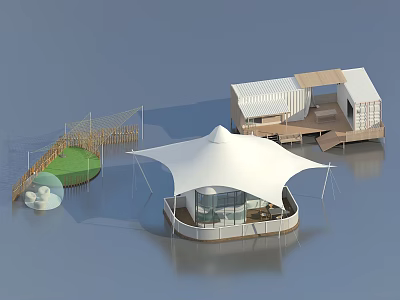 White Modern Design Tent With Wooden Platform And Green Grass Outdoor Structure 3d model