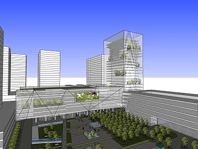 Modern Office Building Complex With Glass Facade Greenery And Open Plaza 3d model