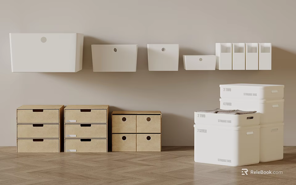 White and Brown Storage Baskets Various Sizes Home Organization Wall Mounted and Floor Containers 3d model 