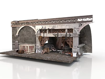 Vintage Building Model with Arched Structure Metal Framework and Stone Wall Texture 3d model