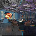 Stylish Bar Interior With Purple Flower Decor Umbrellas Neon Lights Chinese Style Bar Counter Wine Racks