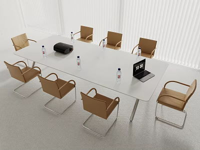 White Conference Table In Minimalist Room With Brown Chairs Water Bottles Laptop And Black Projector 3d model