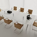 White Conference Table In Minimalist Room With Brown Chairs Water Bottles Laptop And Black Projector