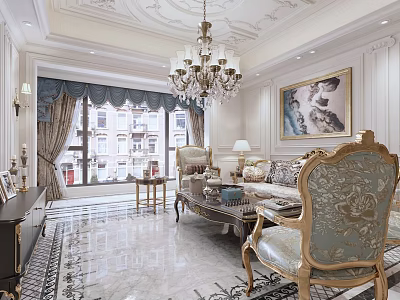 Elegant European Luxury Kitchen Interior With Crystal Chandelier And Gold Trim Cabinets 3d model