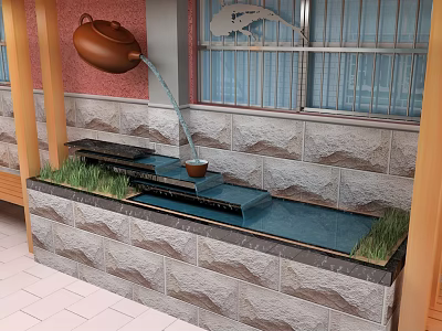 Outdoor Garden Ornament Featuring Teapot Water Flow Into Stone Basin And Grass 3d model