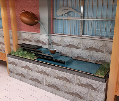 Outdoor Garden Ornament Featuring Teapot Water Flow Into Stone Basin And Grass 3d model